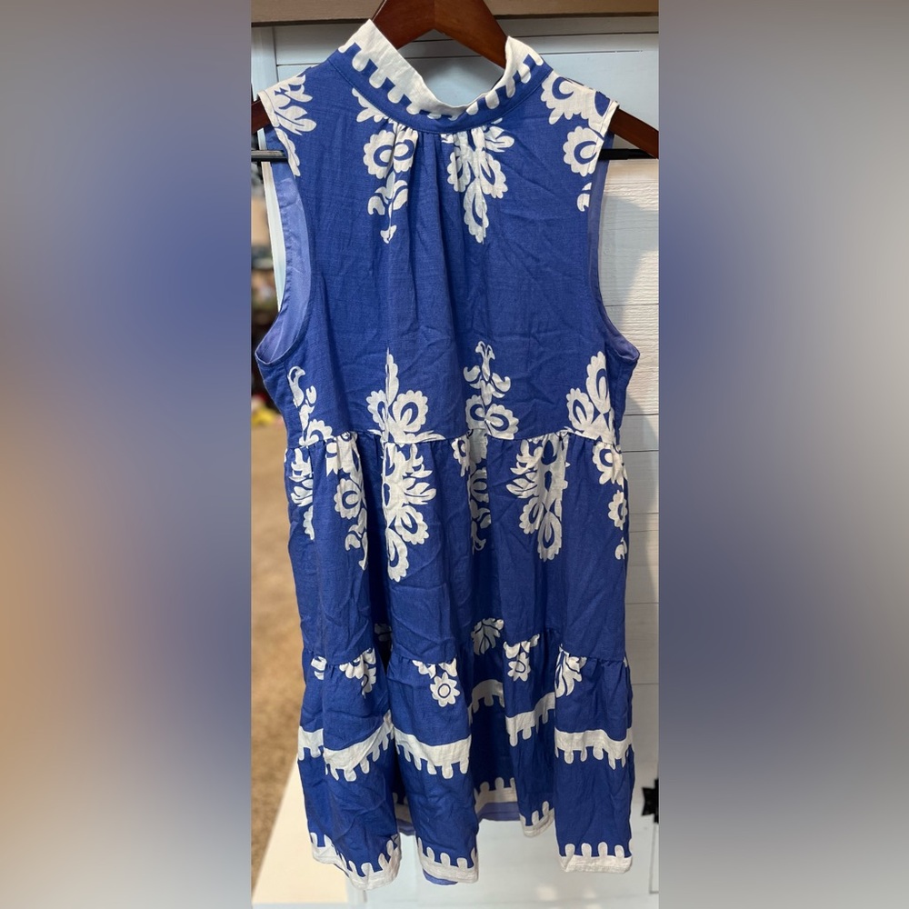 THML Royal Blue & White Embroidered Tiered Sleeveless Dress